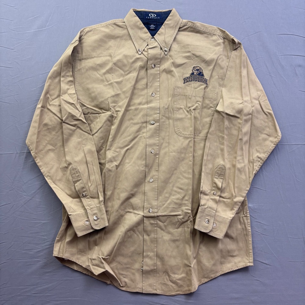 Vantage Mens Pittsburgh Panthers‎ Embroidered Button Down Shirt Tan Khaki Large